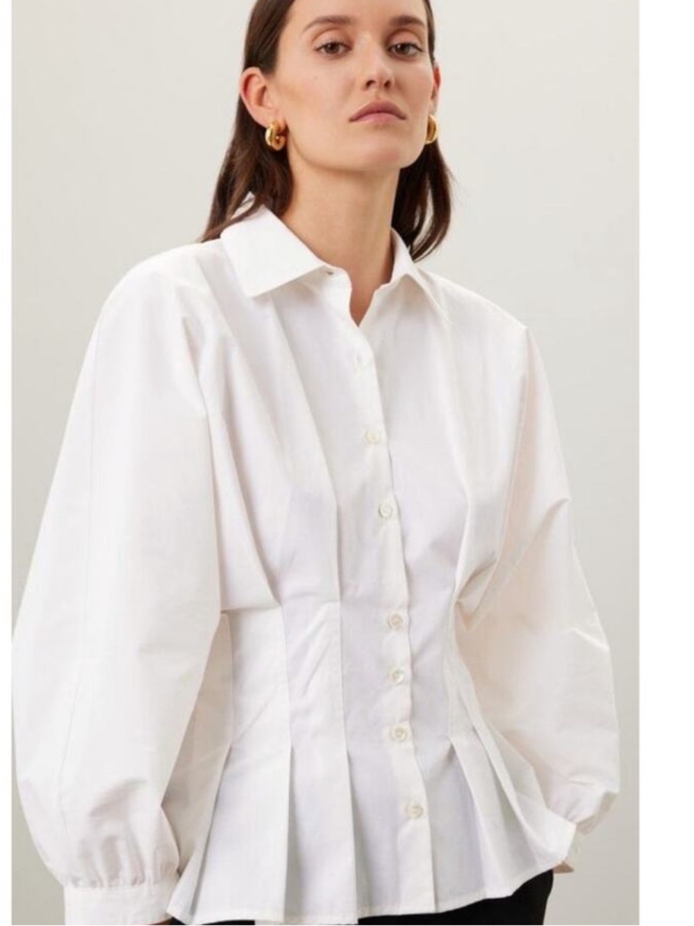NATORI White Peplum Hem Voluminous Sleeves Techno Polplin Blouse Top Size 4
